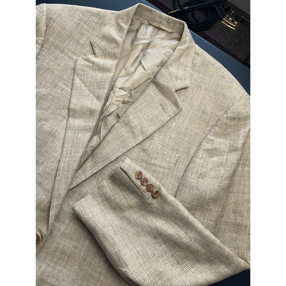 Hickey Freeman 40 Reg Tan Blue Silk Linen Wool Blazer Oakbrook